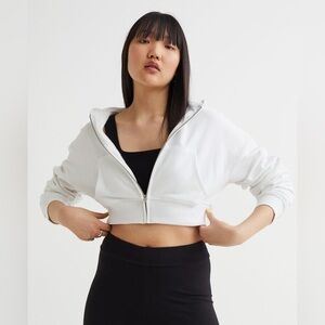 H&M White Zip-Up Cropped Hoodie SZ L EUC athletic Athleisure casual preppy clean